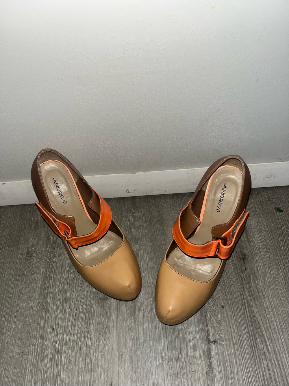 ANDREA FENZI Tan Pumps with Orange Strap and Brown Heel